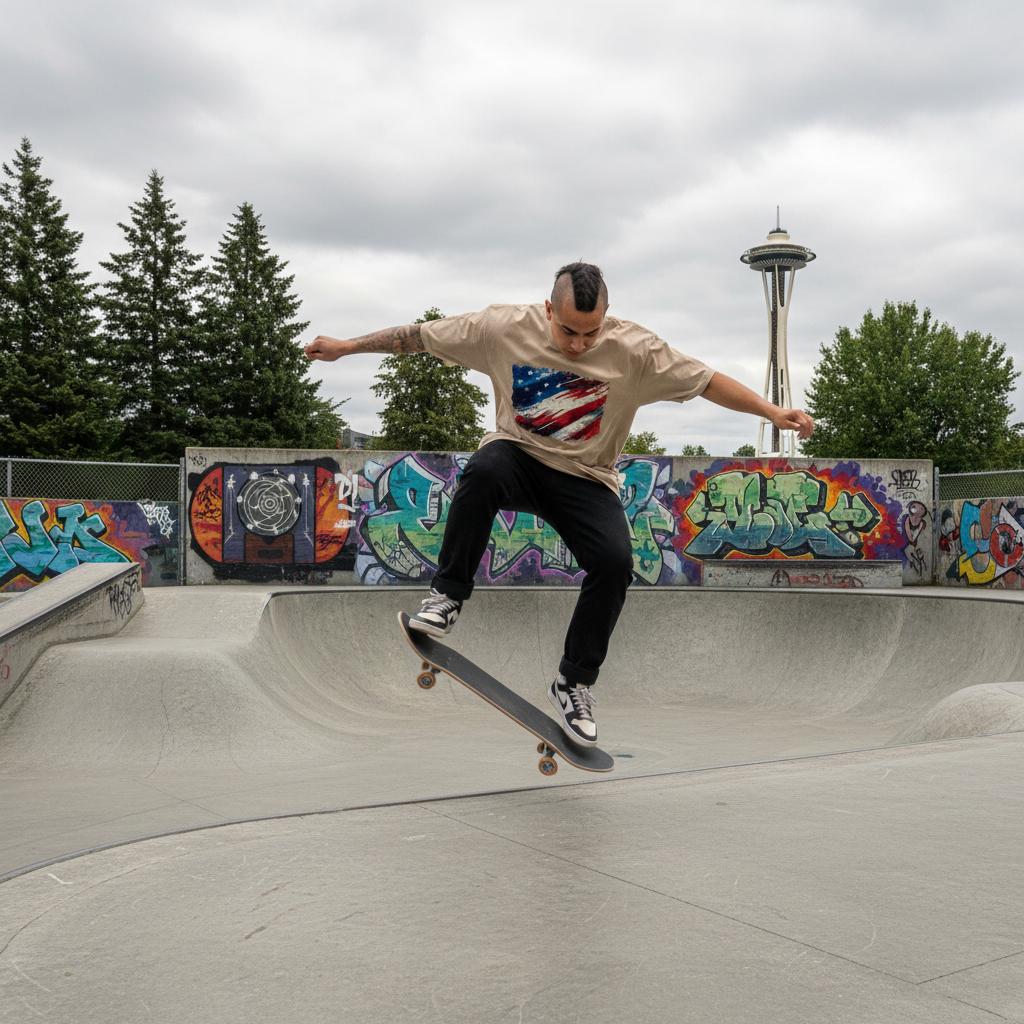 USA Glory Sand Mode. Skateboarder performing a trick at a skate park with graffiti and the Space Needle in the background.