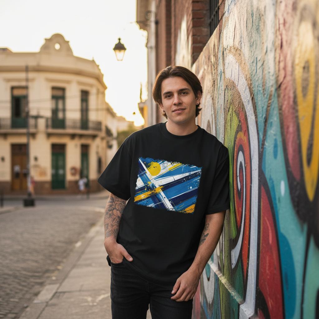 Uruguay La Celeste Dark Mode. Man wearing a black t-shirt with a colorful design, standing in front of a graffiti-covered wall.