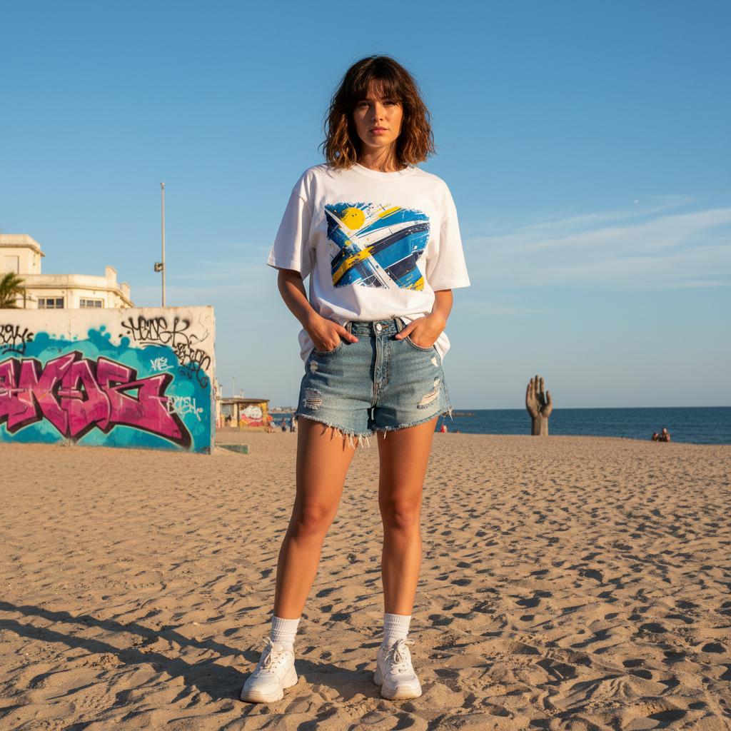 Uruguay La Celeste Light Mode. Woman standing on a beach with graffiti in the background