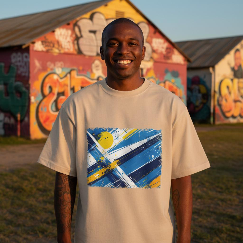 Uruguay La Celeste Sand Mode. Man wearing a beige t-shirt with a colorful graphic design in front of graffiti-covered walls.