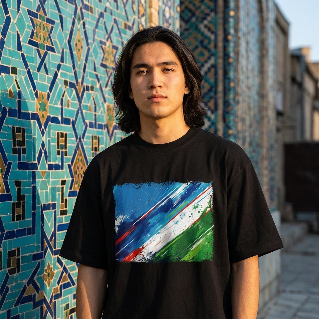 Uzbekistan White Wolves Dark. Person wearing a black t-shirt with a colorful design in front of a mosaic wall.