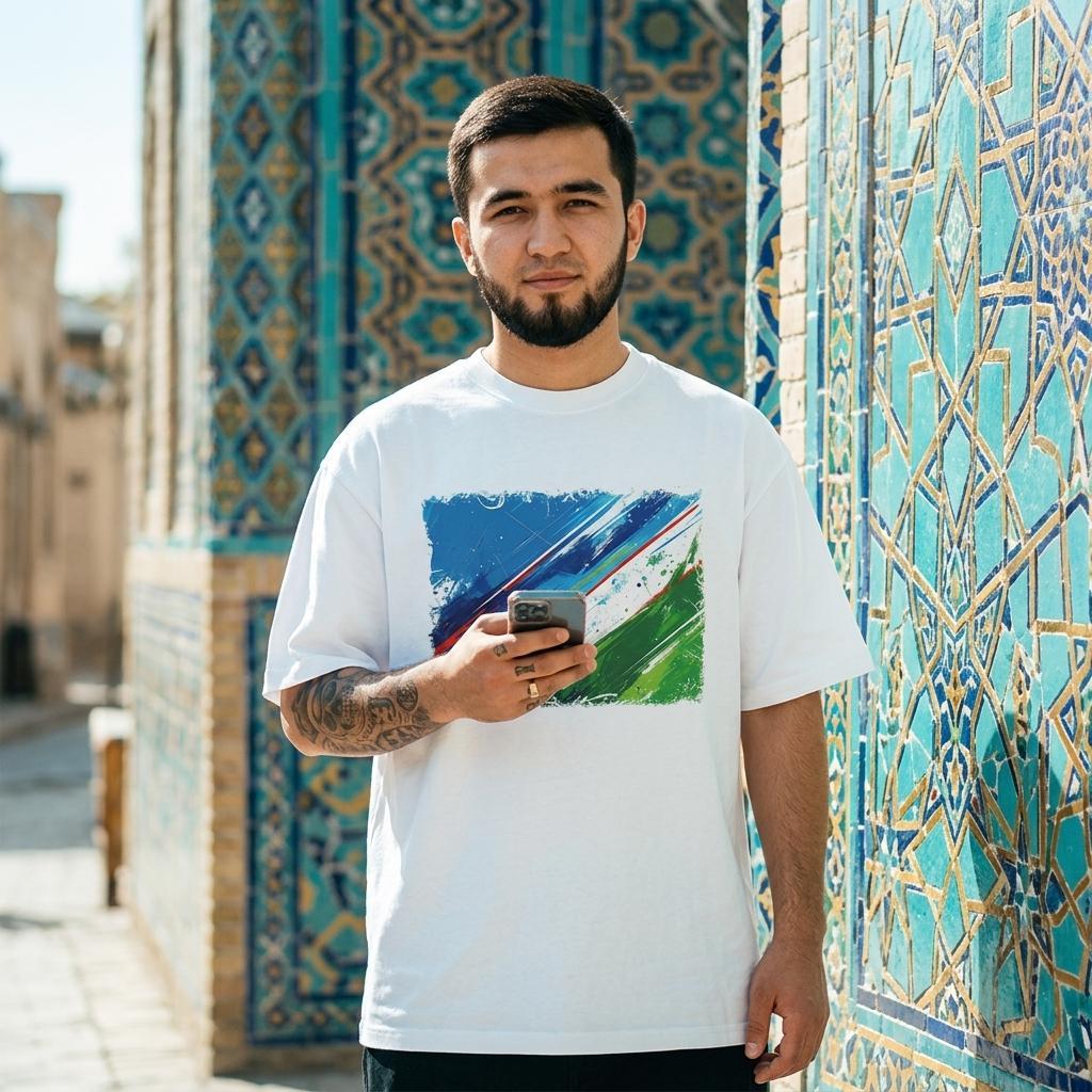 Uzbekistan White Wolves Light. Man holding a phone in front of a decorative wall with geometric patterns
