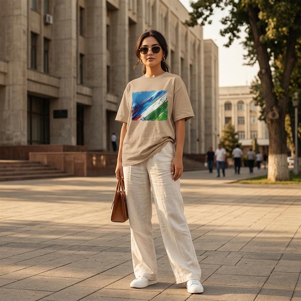 Uzbekistan White Wolves Sand. Woman wearing a beige t-shirt with a colorful graphic and white pants, standing on a paved area with a building in the background.
