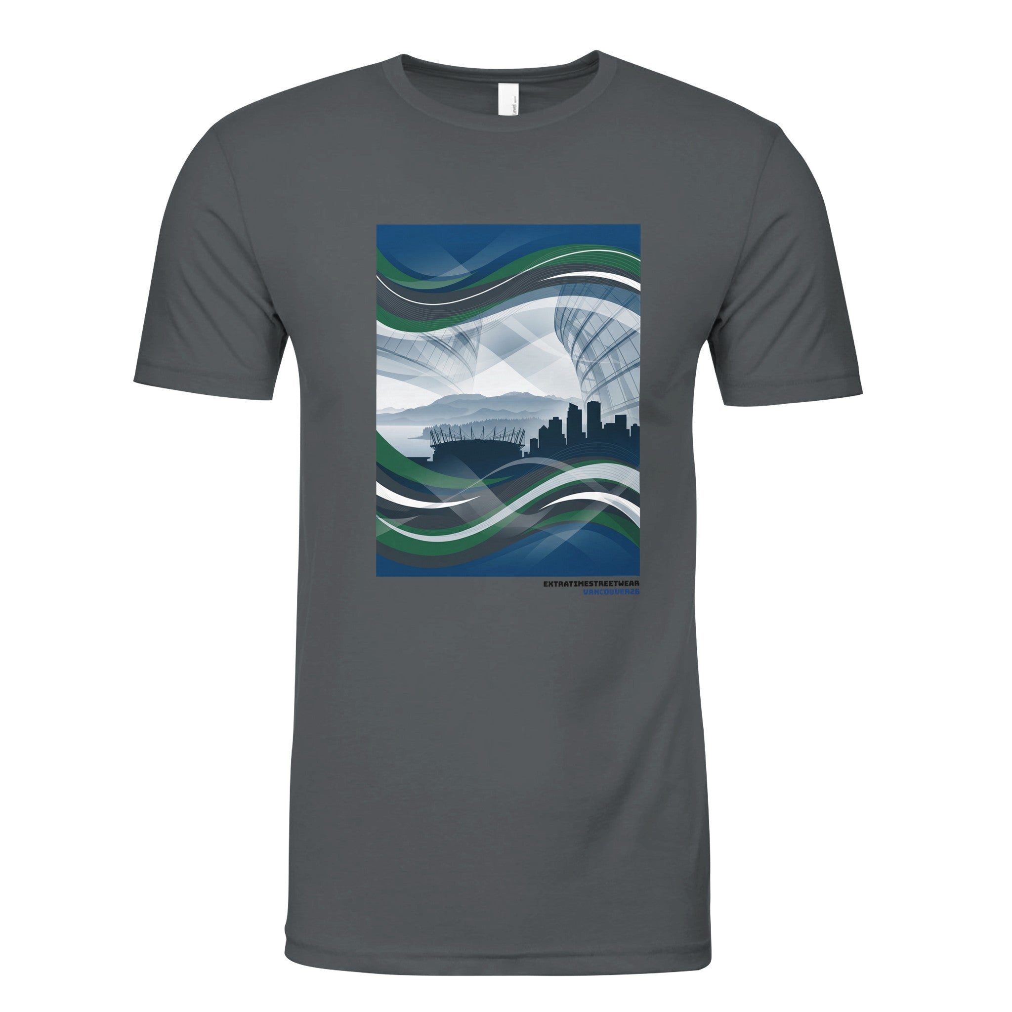 Gray shirt with Pacific Northwest design on front. 