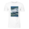 White shirt with Pacific Northwest design on front. 