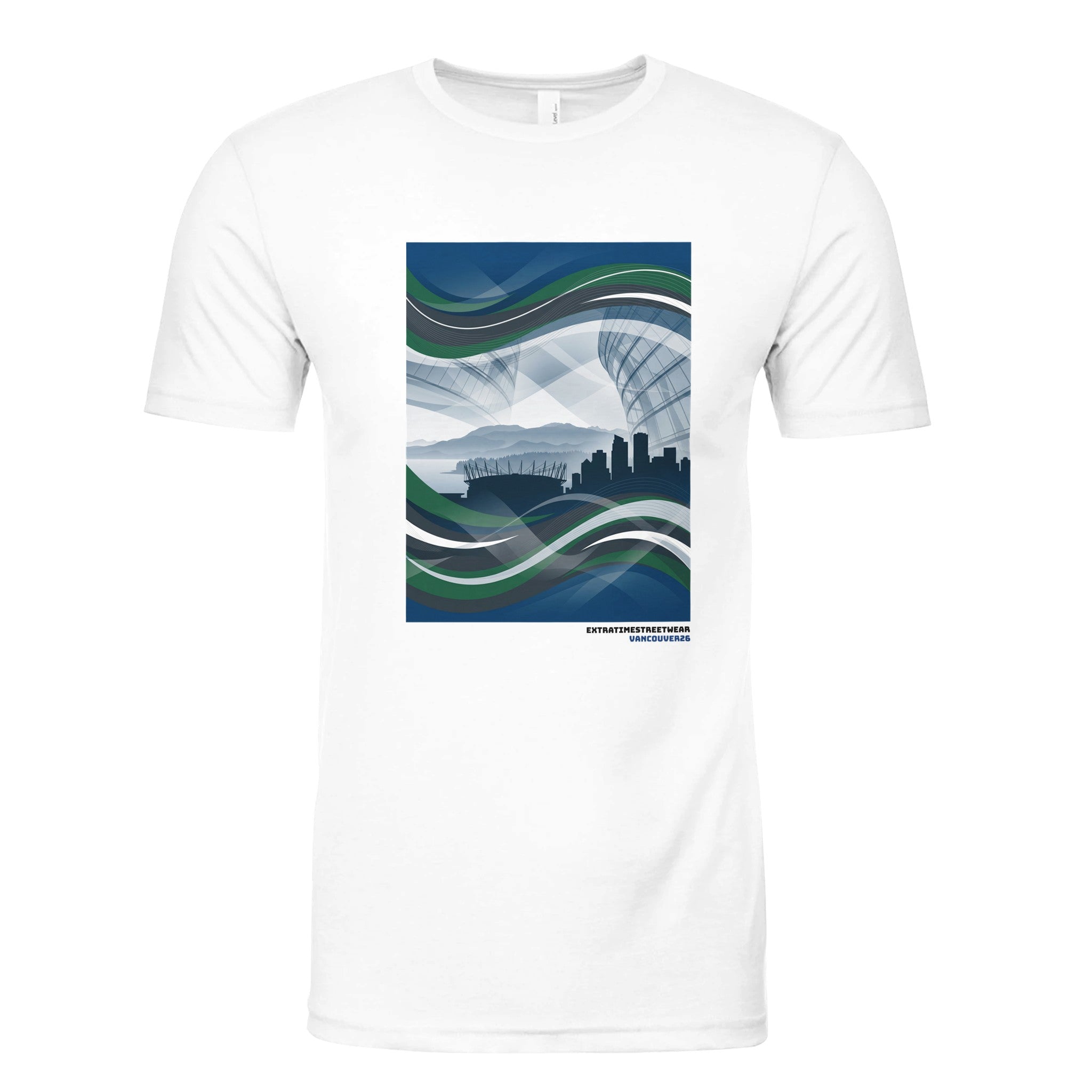 White shirt with Pacific Northwest design on front. 