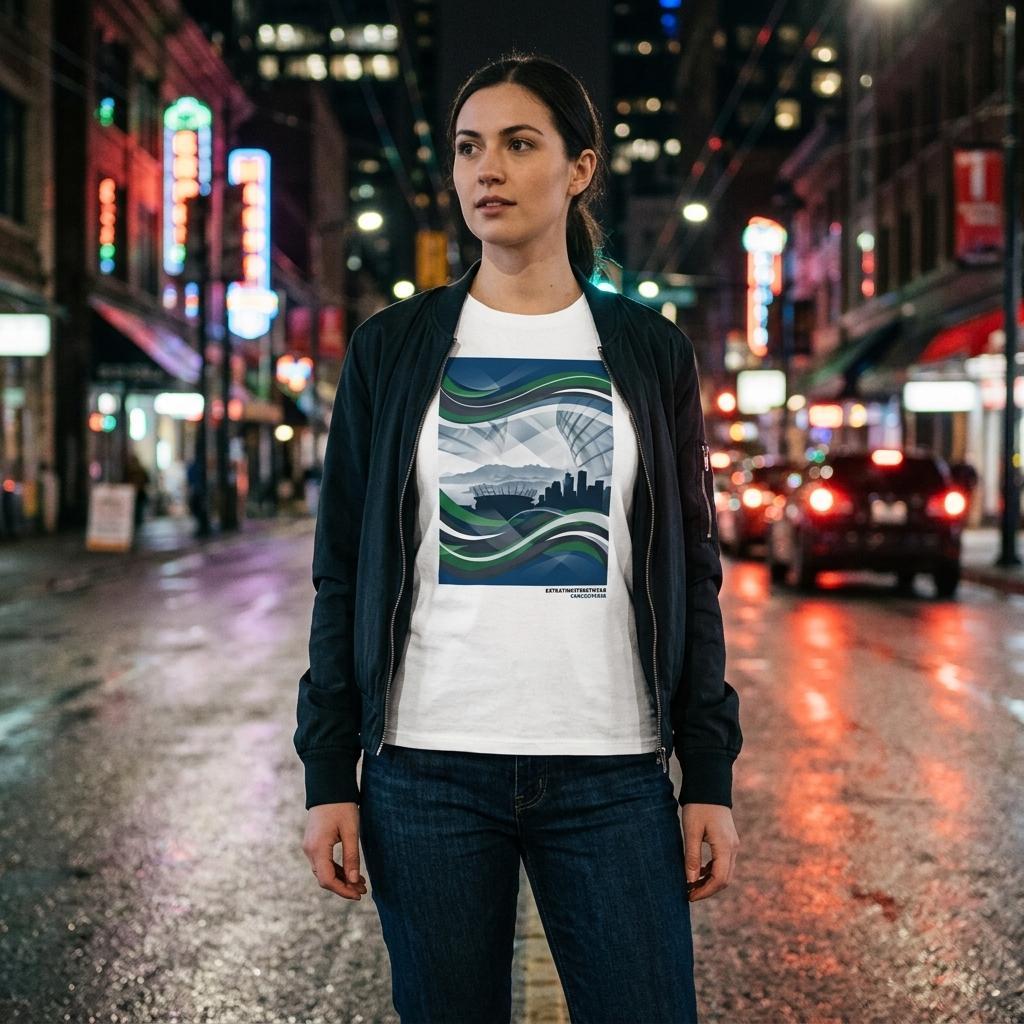 Person wearing a white t-shirt with a graphic design on a city street at night.
