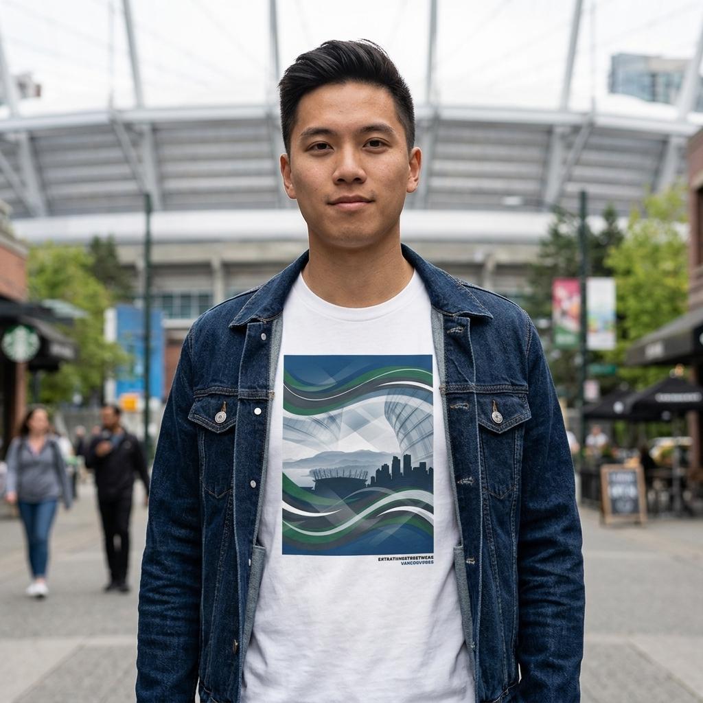 Person wearing a white t-shirt with a graphic design outdoors