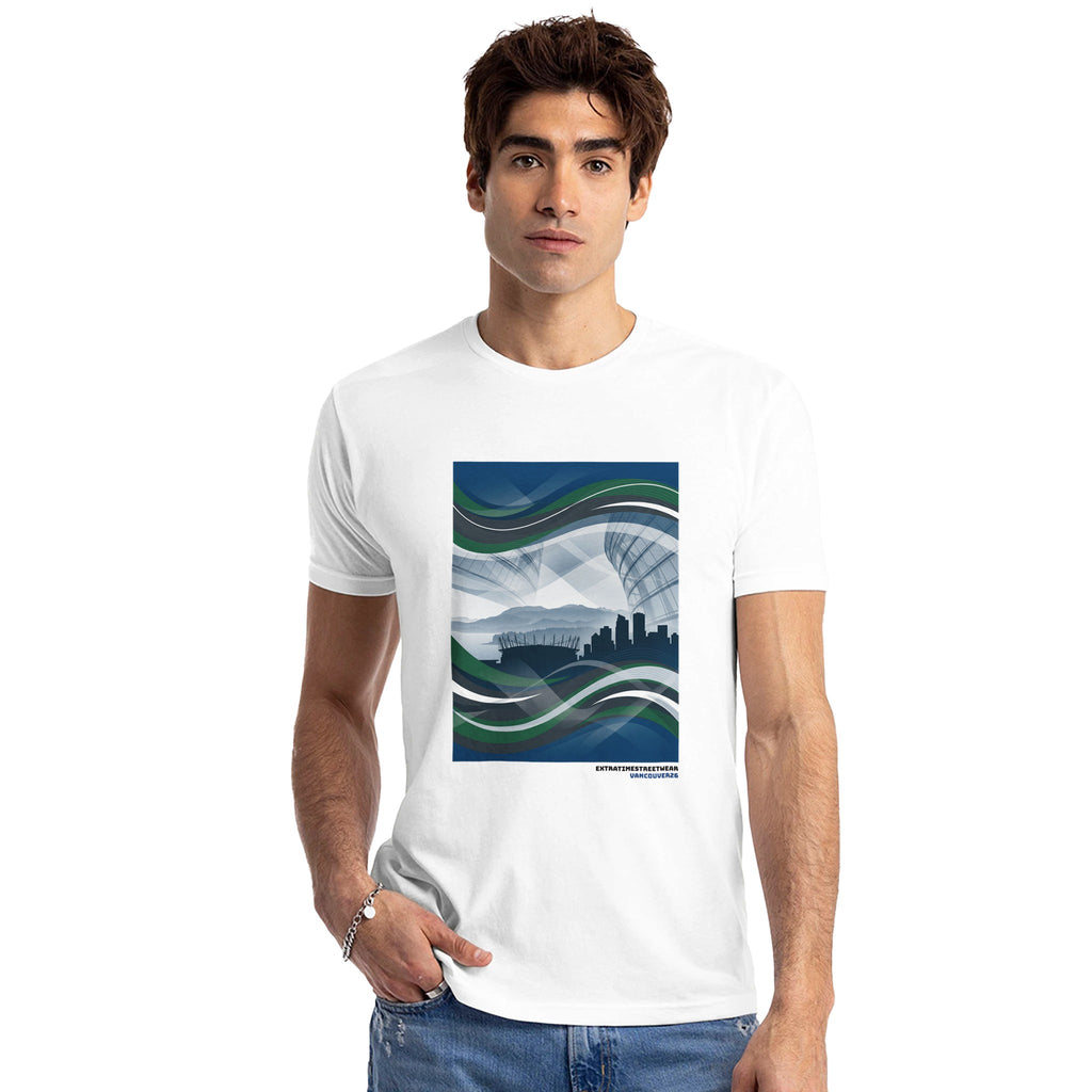 Man wearing white shirt with Pacific Northwest design on front. 