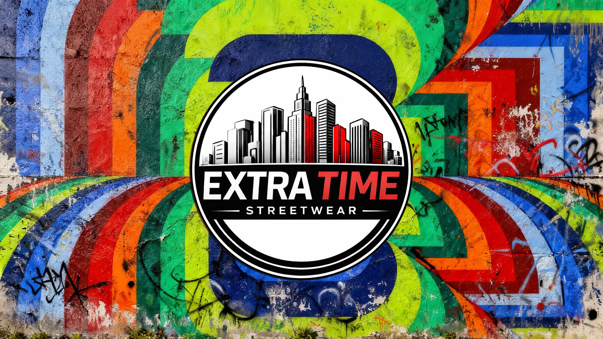 Colorful graffiti-style background with Extra Time Streetwear logo